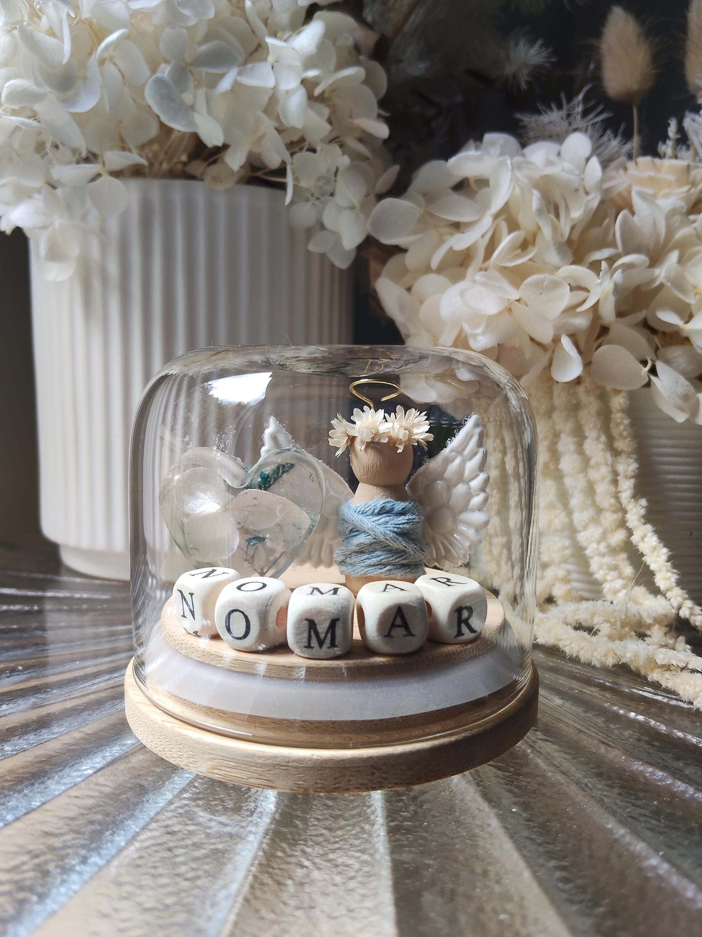 Angel Miniature Globe: Floral Resin Heart Keepsake, Custom Name