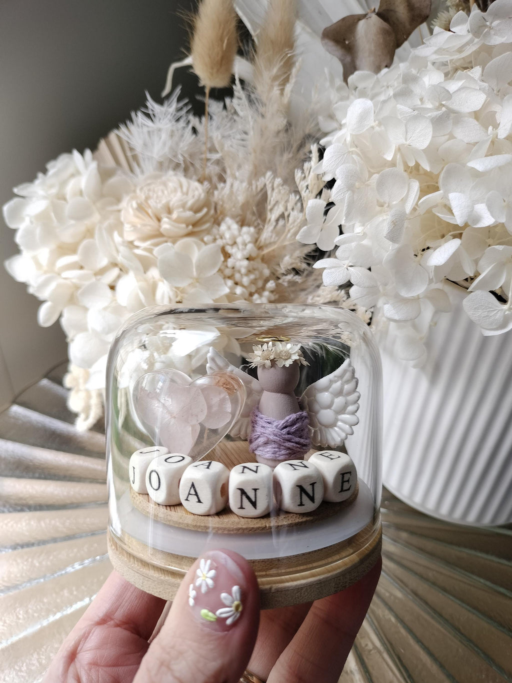 Angel Miniature Globe: Floral Resin Heart Keepsake, Custom Name