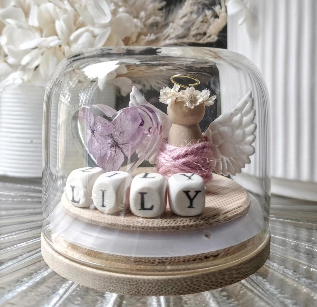 Angel Miniature Globe: Floral Resin Heart Keepsake, Custom Name