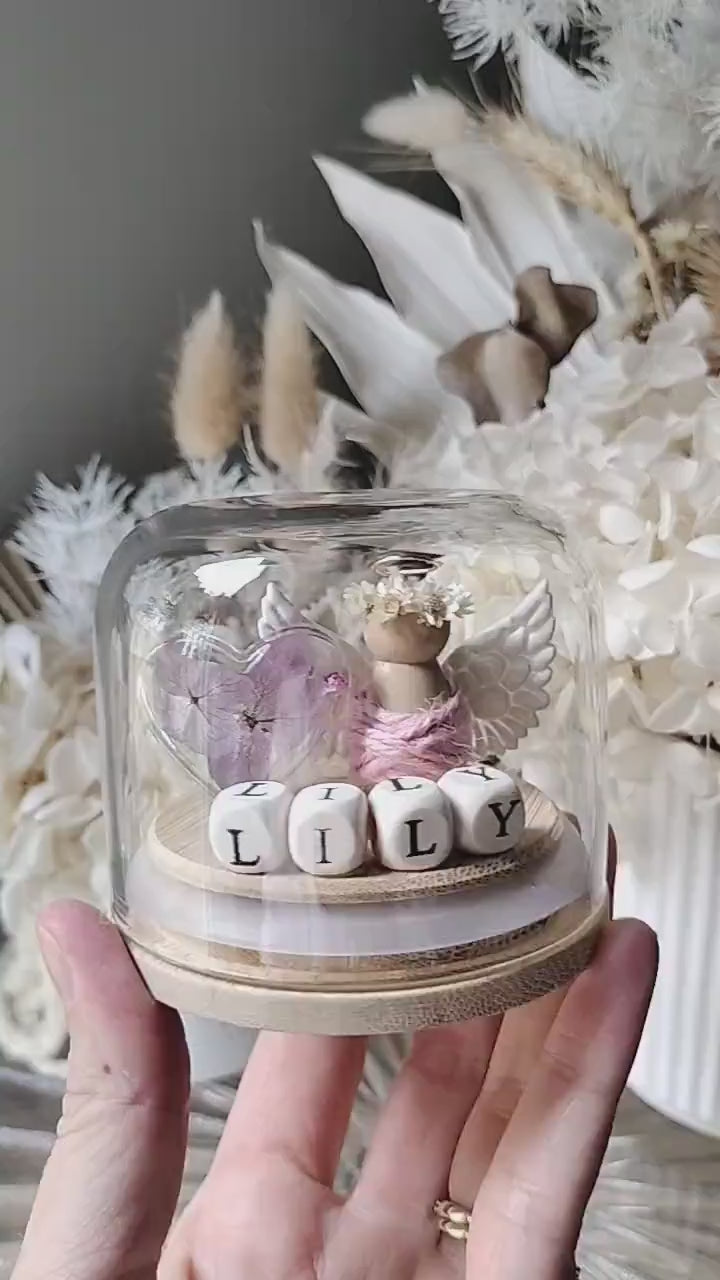 Angel Miniature Globe: Floral Resin Heart Keepsake, Custom Name